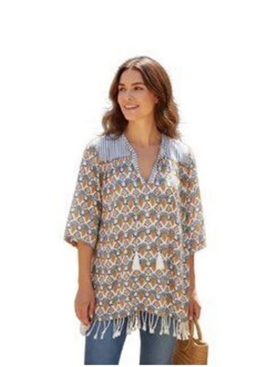Roller Rabbit Serafina Block Print Fringe Tunic Top Small Swim Resortwear Summer - Picture 2 of 9